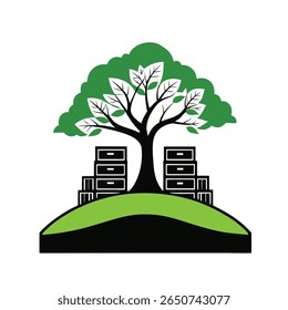 Hilltop Tree Storage Vector Silhouette Icon on White Background for Nature, Environment, and Data Storage Concepts
