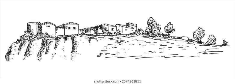 hilltop village with houses and trees hand-drawn illustration