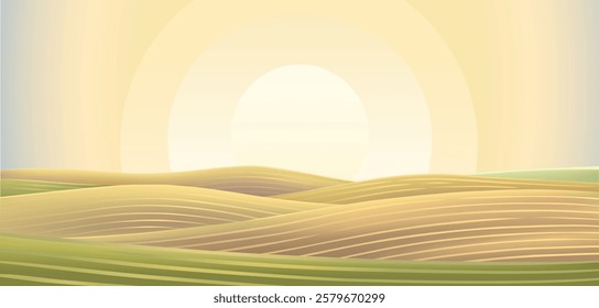 Hilly agricultural landscape, with cultivated by agriculture fields and hills,  sunrise (or sunset) sun above the horizon. Vector illustration.