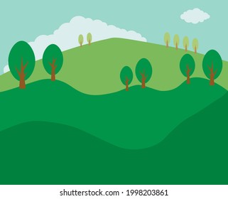 Hilly area with trees. Vector illustration in cartoon style with fields and green hills. Beautiful countryside scenery.