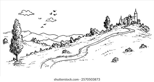 hilly countryside road leading to a village hand-drawn illustration