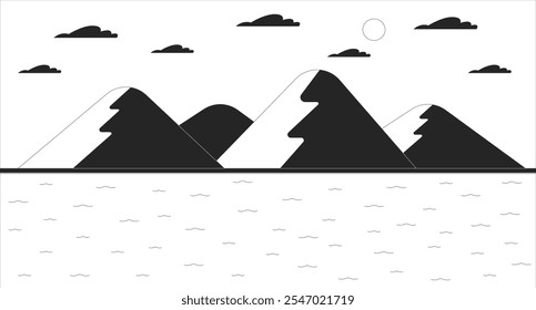 Hilly island in calm sea black and white line illustration. Mountains and water. Picturesque slopes on sunny ocean coast 2D landscape monochrome backdrop. Place for summer vacation outline vector