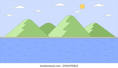 Hilly island in calm sea flat illustration. Mountains and water. Picturesque slopes on sunny ocean coast 2D landscape cartoon background. Idyllic place for summer vacation scene vector image