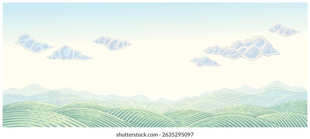Hilly landscape drawn in an engrving style, with a chain of hills and mountain hills, and clouds, delicate and light tones color. Vector illustration.