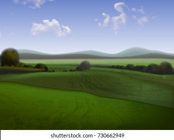 Hilly landscape with fields to the horizon, high detailed illustration