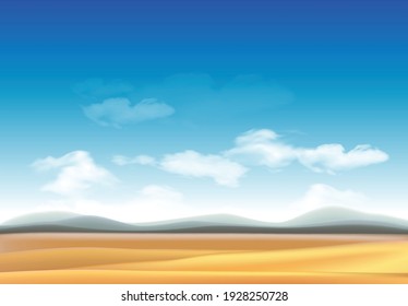 Hilly landscape with fields to the horizon, sky with clouds. Highly detailed illustration
