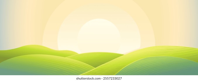 Hilly landscape, with green hills and mountains, sunrise sun above the horizon. Vector illustration.