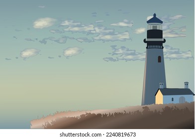 hilly landscape with a lighthouse that illuminates