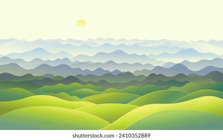 Hilly landscape with a panoramic format of mountain ranges in the fog. Vector illustration.