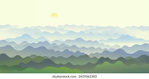 Berglandschaft mit Panoramablick auf die Berge im Nebel.