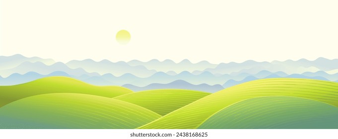 Hilly landscape with a panoramic format of mountain ranges in the fog. Vector illustration.