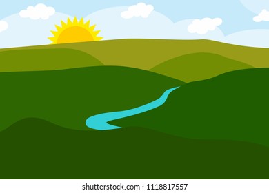 Hilly Landscape with a River During Sunset and Cloudy Sky Vector