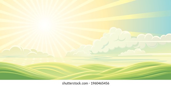 Hilly landscape, with the shining sun and clouds above hills