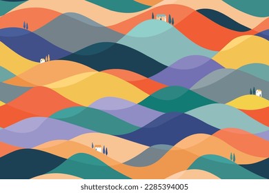 Hilly landscape with southern trees and white houses. Seamless background with colorful hills. Mountain illustration. Abstract wavy hill nature print. Panoramic travel backdrop, multicolor outdoor