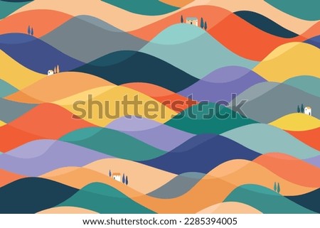 Hilly landscape with southern trees and white houses. Seamless background with colorful hills. Mountain illustration. Abstract wavy hill nature print. Panoramic travel backdrop, multicolor outdoor