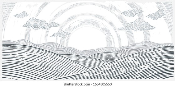 Hilly landscape, sunrise above mountains and hills in graphical style. 