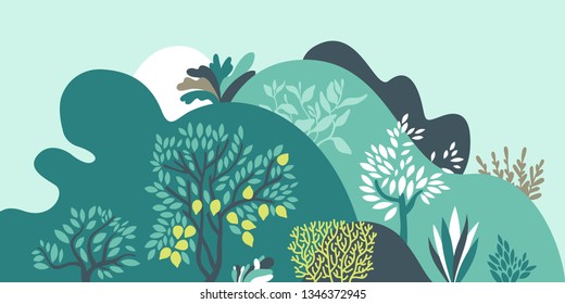 Hilly landscape with trees, bushes and plants. Growing plants and gardening. Protection and preservation of the environment. Vector illustration.