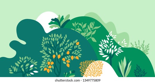 Hilly landscape with trees, bushes and plants. Growing plants and gardening. Protection and preservation of the environment. Earth Day. Vector illustration.