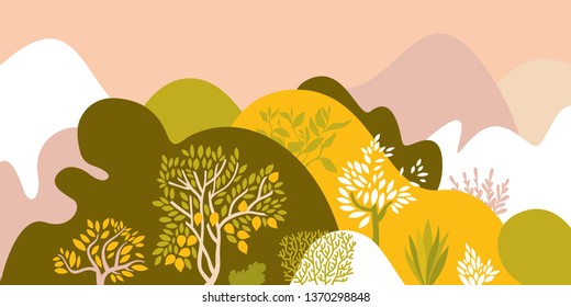 Hilly landscape with trees, bushes and plants. Growing plants and gardening. Protection and preservation of the environment. Earth Day. Vector illustration.