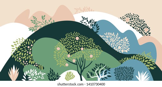 Hilly landscape with trees, bushes and plants. Growing plants and gardening. Protection and preservation of the environment. Earth Day. Vector illustration.