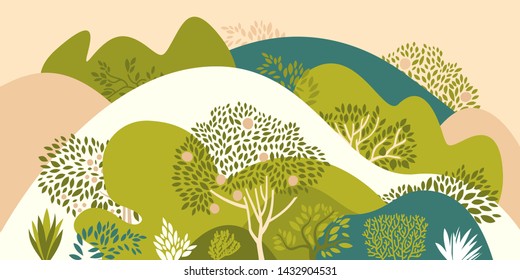 Hilly landscape with trees, bushes and plants. Growing plants and gardening. Protection and preservation of the environment. Earth Day. Vector illustration.