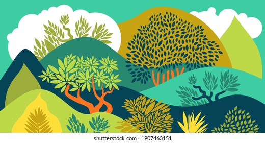 Hilly landscape with trees, bushes and plants. Growing plants and gardening. Protection and preservation of the environment. Earth Day. Park, exterior space, outdoor. Vector illustration.