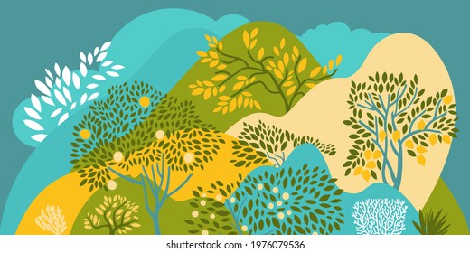 Hilly landscape with trees, bushes and plants. Growing plants and gardening. Protection and preservation of the environment. Earth Day. Vector illustration.