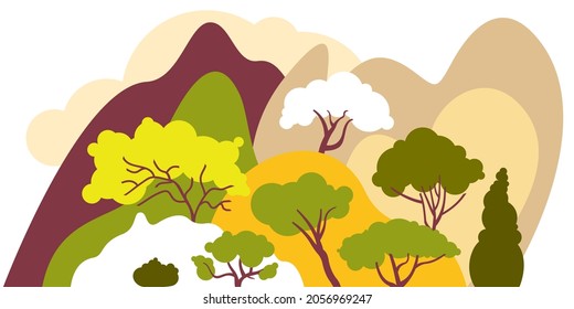 Hilly landscape with trees, bushes and plants. Growing plants and gardening. Protection and preservation of the environment. Earth Day. Vector illustration.
