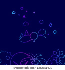 Hilly Landscape with Trees Vector Line Illustration. Wild Tree Gradient Icon, Symbol or Pictogram, Sign. Dark Blue Background. Related Bottom Border.