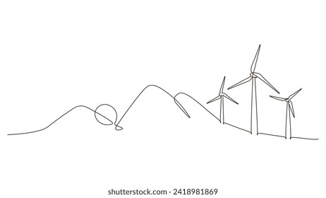 Hilly landscape with wind farm turbines energy continuous one line icon drawing. Renewable source green energy concept vector illustration. Contour one line sign for innovation, environment design