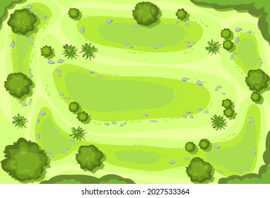 Hilly lawn in the forest. Hills. View from above. Countryside rural landscape. Green foliage of trees and shrubs. Top view. Background illustration in cartoon style. Vector.