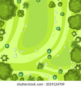 Hilly lawn in the forest. View from above. Countryside rural landscape. Green foliage of trees and shrubs. Top view. Background illustration in cartoon style. Vector.