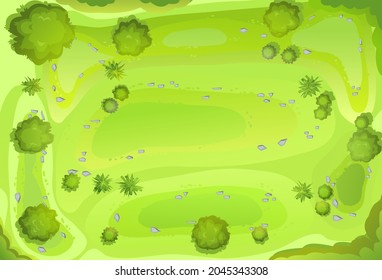 El césped montañoso del bosque. Vista desde arriba. Paisaje rural rural. Follaje verde de árboles y arbustos. Vista superior. Ilustración de fondo al estilo de las caricaturas. Vector