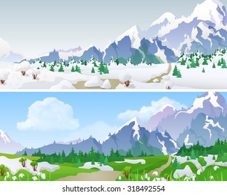 Hilly mountains Landscape in Seasons: winter, spring. Floral background changing seasons set 04