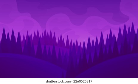 Hilly mystical landscape. Horizontal illustration of a dark night forest.
