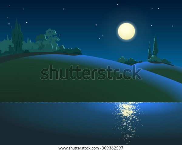 Hilly Riverside Night Illustration Shore Night Stock Vector