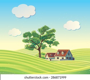 Hilly rural landscape with house and tree.
