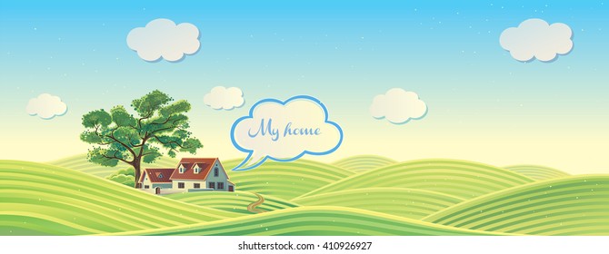 Hilly rural landscape with house and tree.