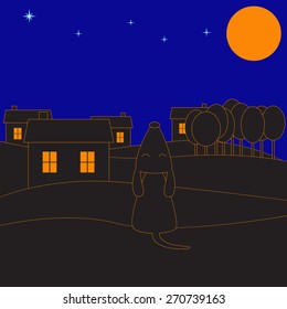 Hilly rural landscape at moonlit night with lonely howling dog, small village, trees, big orange moon and blue shining stars. Concept of loneliness