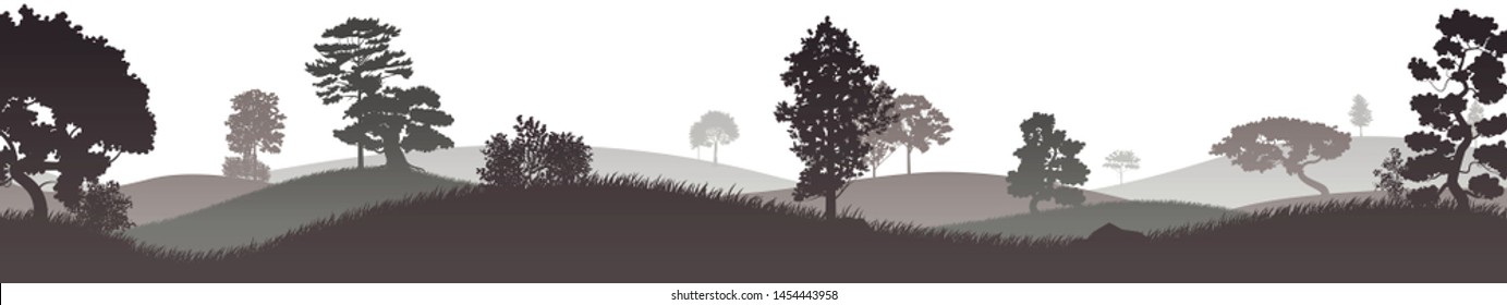 Hilly terrain covered with trees. Silhouette. Vector illustration, flat design style.