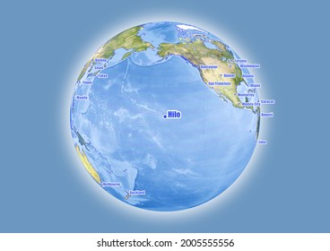 Hilo-United States of America is shown on vector globe map. The map shows Hilo-United States of America 's location in the world.