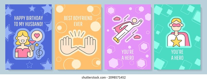 For him greeting card with color icon element set. Congrats boyfriend and husband. Postcard vector design. Decorative flyer with creative illustration. Notecard with congratulatory message