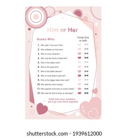 Him or her. Wedding fan game card template with questions, answers and illustrations of wedding decorations