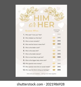 Him or her wedding game questions list. Card template with rector illustrations