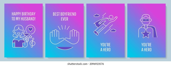 For him postcard with linear glyph icon. Congrats boyfriend and husband. Greeting card with decorative vector design. Simple style poster with creative lineart illustration. Flyer with holiday wish