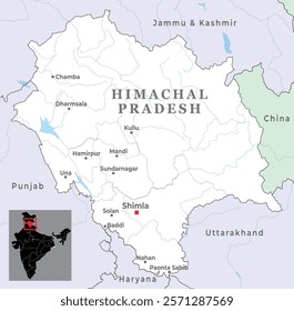 Himachal district map with capital Shimla, marked most important cities, state of India