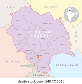 Himachal Pradesh district locator map with neighbour state and country