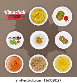 Himachali food, collection of ethnic menu on state map background.