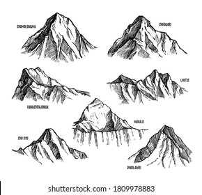 Himalaya mountains set. Isolated flat hand drawn Lhotse, Makalu, Kangchenjunga, Cho Oyu, Chomolungma, Dhaulagiri, Chogori Himalaya mountain peak sketch collection. Nepal nature vector illustration