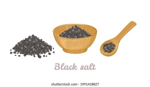 Himalayan black rock salt in wooden bowl, spoon and heap isolated on white. Vector illustration of Hawaiian Black Lava Salt in cartoon flat style.